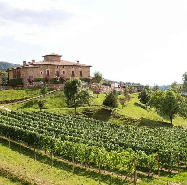 Vista exterior de Mas Clarella, una masia històrica d’Osona envoltada de jardins cuidats i vinyes, ideal per celebrar casaments en un entorn natural i elegant.